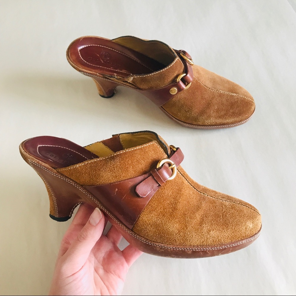 Cole Haan Suede Heeled Mules Horsebit Hardware